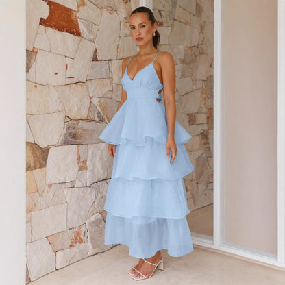 Women's long dress – Flowing cut – Layered ruffles – V-neckline – Thin straps