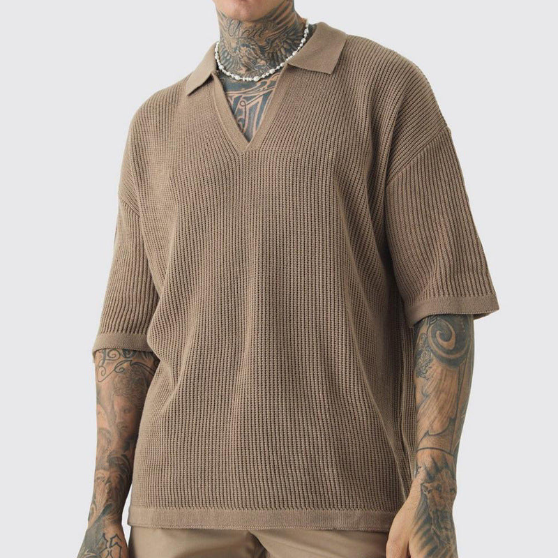 Men's short-sleeve shirt – Relaxed fit – Soft knit – Casual V-neck
