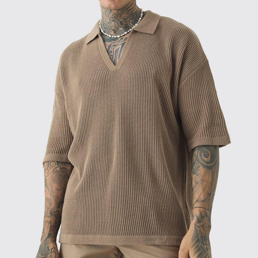 Men's short-sleeve shirt – Relaxed fit – Soft knit – Casual V-neck