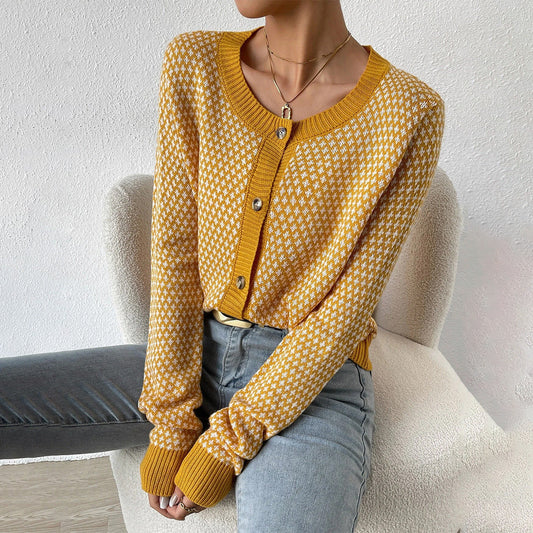 Cardigan femme – Maille douce – Coupe décontractée – Boutons – Motif géométrique