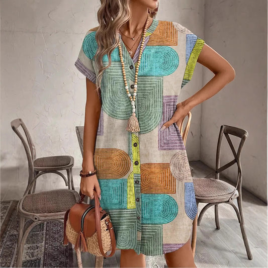 Women's V-neck Dress – Loose Fit – Short Sleeves – Buttoned – Breathable Fabric