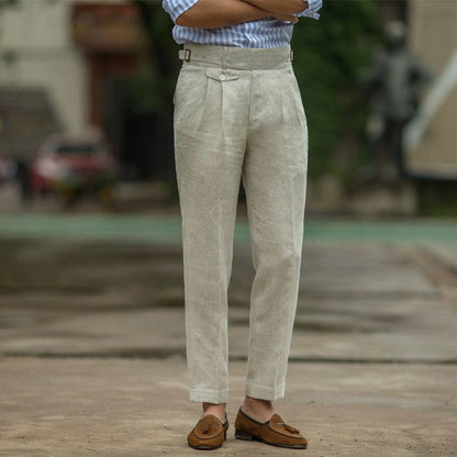 Men's slim trousers – High waist – Natural fibres – Pleats – Cuffed hem