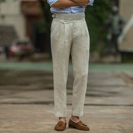 Men's slim trousers – High waist – Natural fibres – Pleats – Cuffed hem