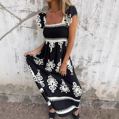 Women's long dress – Breathable fabric – Square neckline – Flutter sleeves – Smocked waist