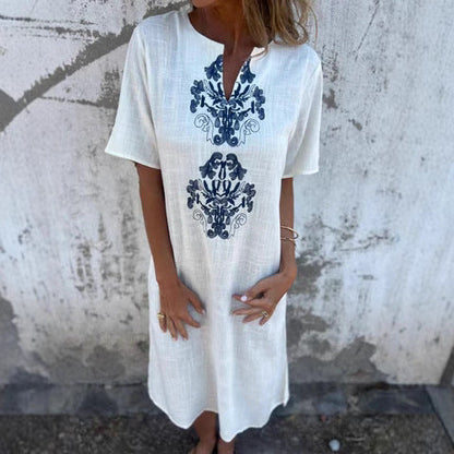 Women's midi dress – Natural fibers – Straight cut – Short sleeves – Front embroidery