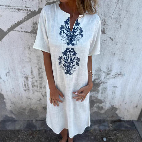 Women's midi dress – Natural fibers – Straight cut – Short sleeves – Front embroidery