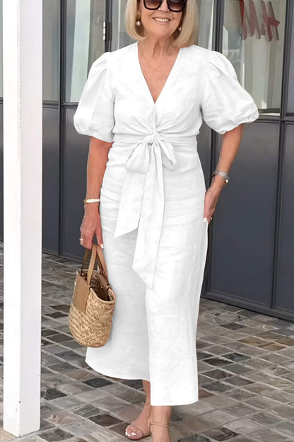 Women's Midi Dress – Natural Fibers – Puff Sleeves – Tied Waist – V-Neck
