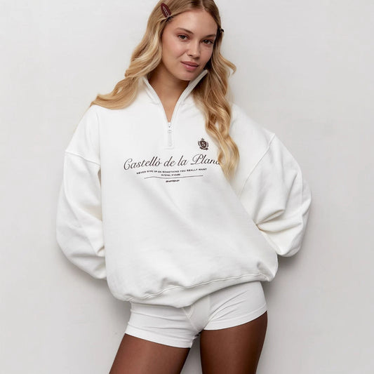 Sweat-shirt femme – Coupe oversize – Demi-zip – Col montant – Motif vintage
