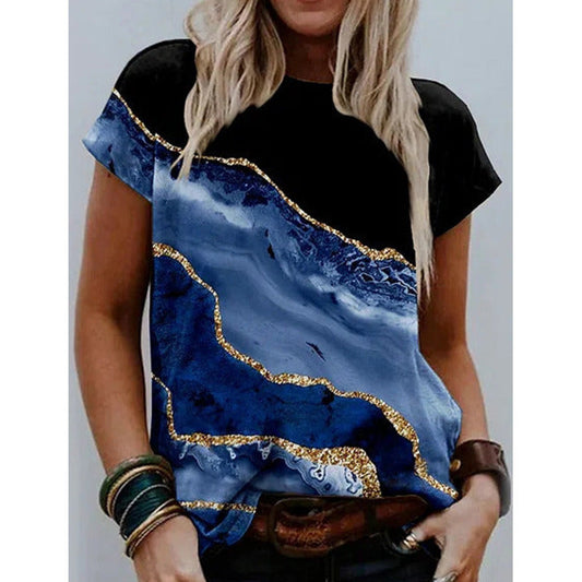 Women's top short sleeves – Loose fit – Artistic print – Natural fibers