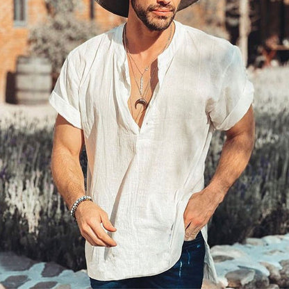 Casual men's shirt – Loose fit – Short sleeves – Breathable natural fibers – V-neck
