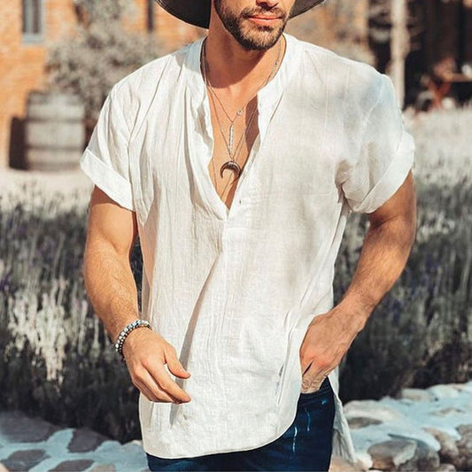 Casual men's shirt – Loose fit – Short sleeves – Breathable natural fibers – V-neck