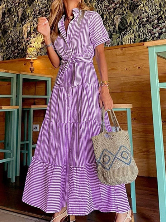 Women's Midi Dress – Relaxed Fit – Buttoned – Belted Waist – Breathable Fabric