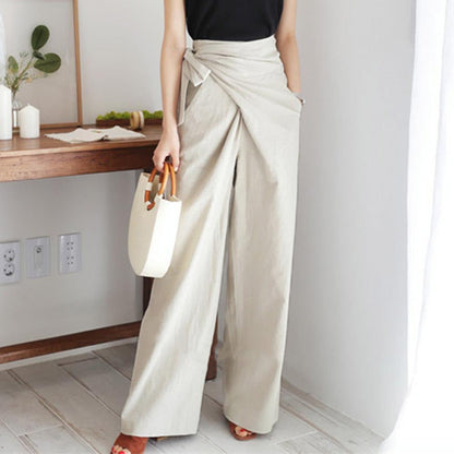 Pantalon femme large – Taille haute – Ceinture nouée – Tissu fluide – Longueur cheville