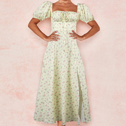 Robe midi femme – Coupe ajustée – Manches bouffantes – Encolure carrée – Fente élégante
