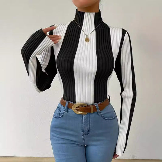 Haut femme – Coupe ajustée – Côtelé extensible – Col montant – Manches longues
