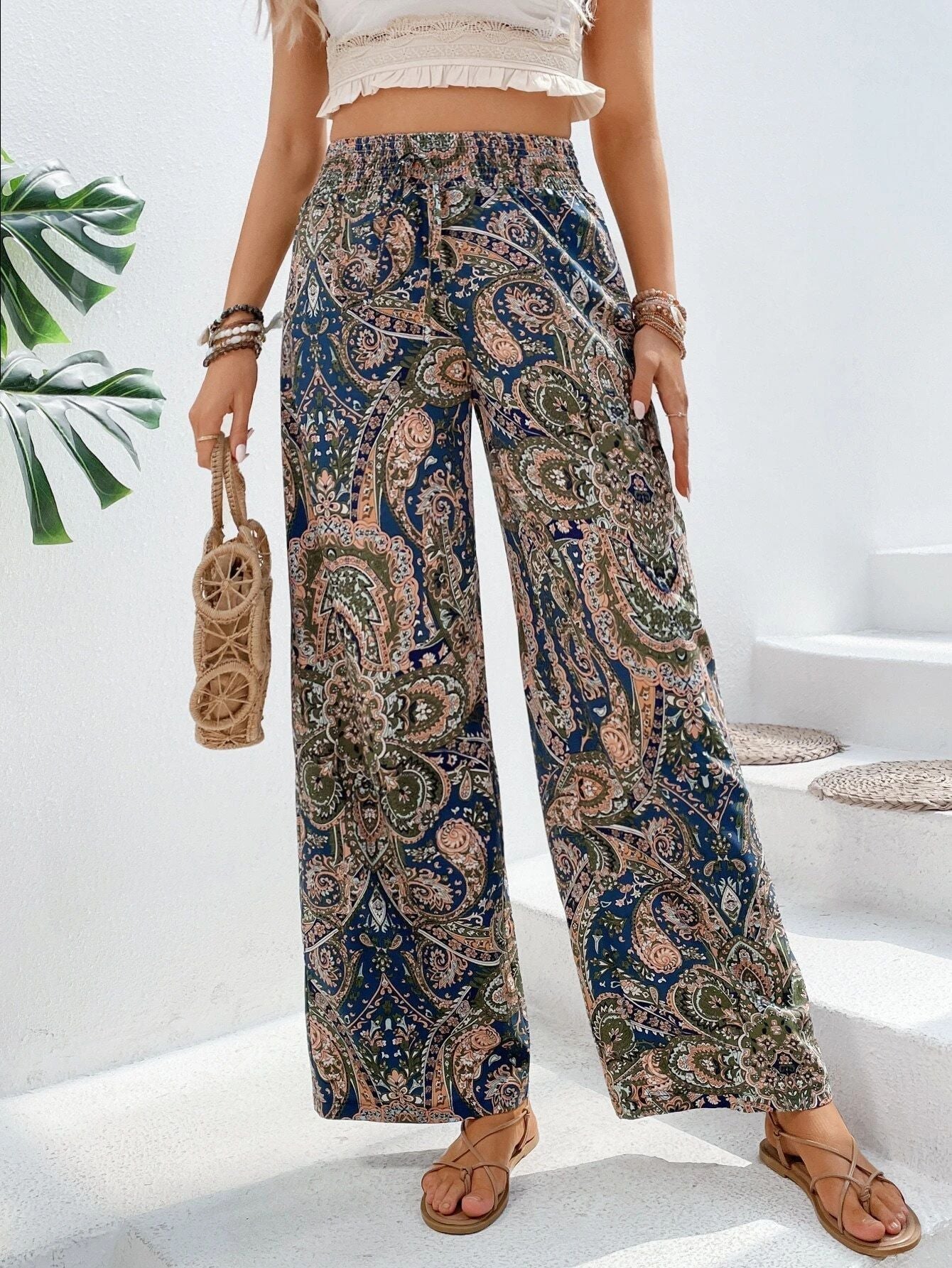 Wide women's pants – Loose fit – Elastic high waist – Breathable fabric – Bohemian print