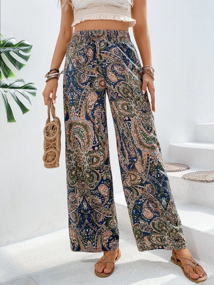 Wide women's pants – Loose fit – Elastic high waist – Breathable fabric – Bohemian print