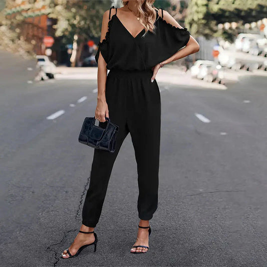 Women's jumpsuit – Bare shoulders – V-neck – Fitted waist – Tapered cut