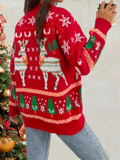 Women's sweater – Wool knit – Relaxed fit – Deer and snowflake motifs – Hip length