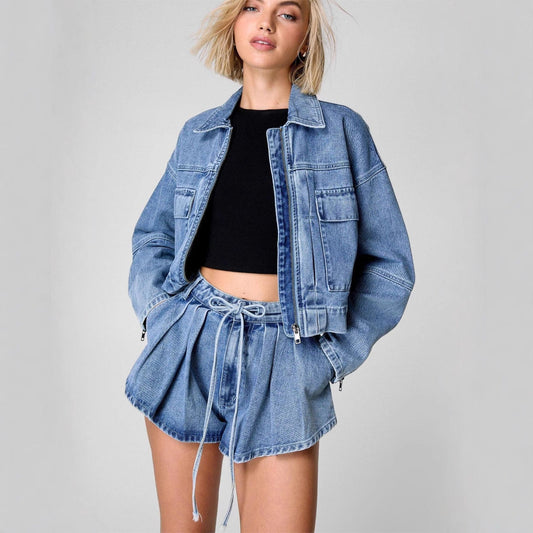 Veste en jean femme – Coupe oversize – Court – Poches poitrine – Fermeture zippée