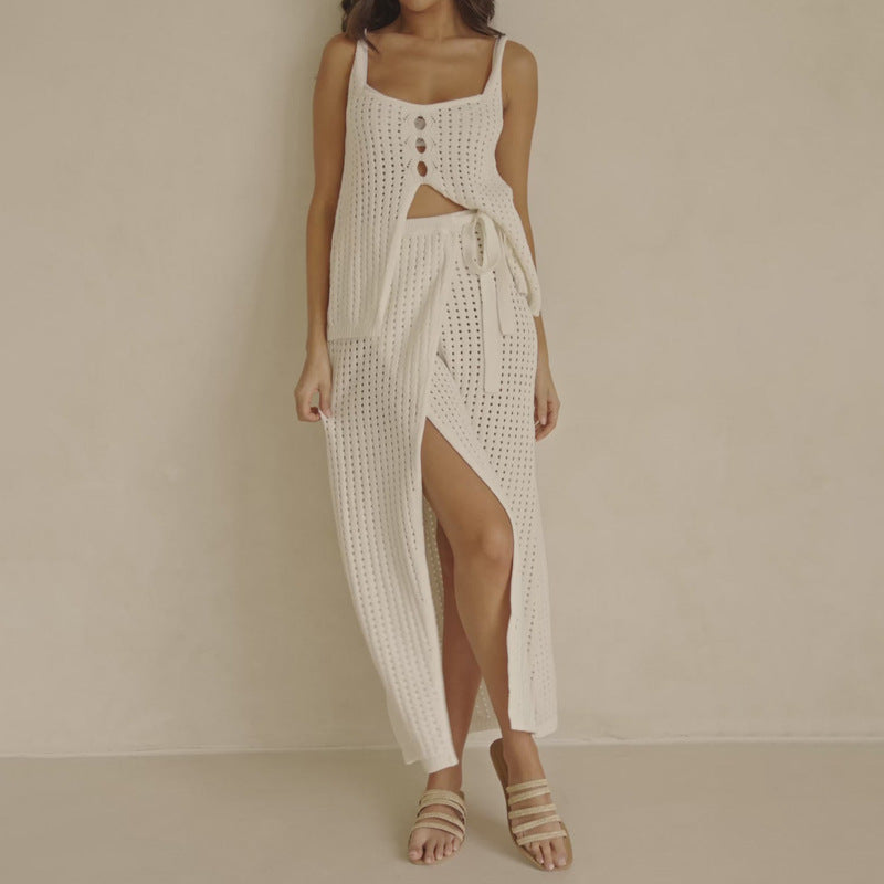 Women's Two-Piece Set – Buttoned Knit Crop Top – Adjustable Long Slit Skirt