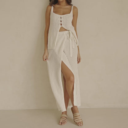 Women's Two-Piece Set – Buttoned Knit Crop Top – Adjustable Long Slit Skirt