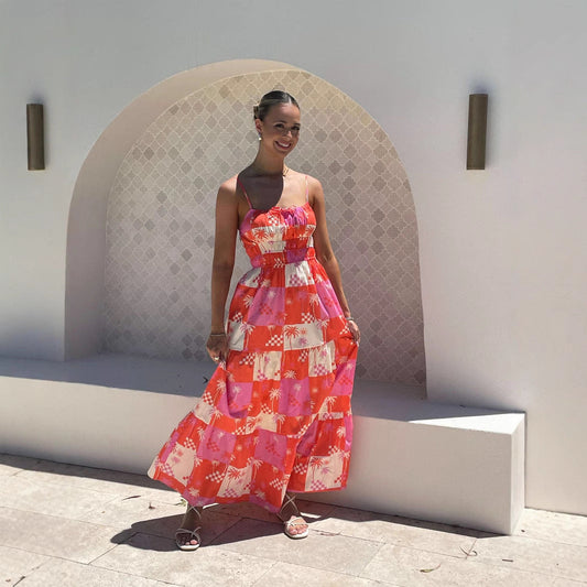 Robe maxi femme – Coupe fluide – Bretelles fines – Coton léger – Imprimé bohème
