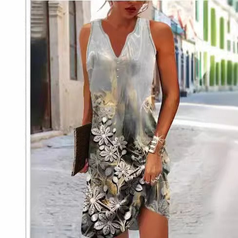 Robe décontractée femme – Encolure en V – Sans manches – Ourlet asymétrique – Motif fleuri