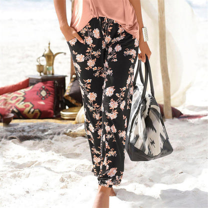 Women's casual pants – Loose fit – Elastic waist – Tapered ankle – Printed drawstring