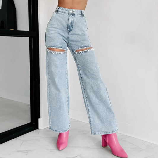 Jean droit femme – Taille haute – Détails déchirés – Chaîne décorative