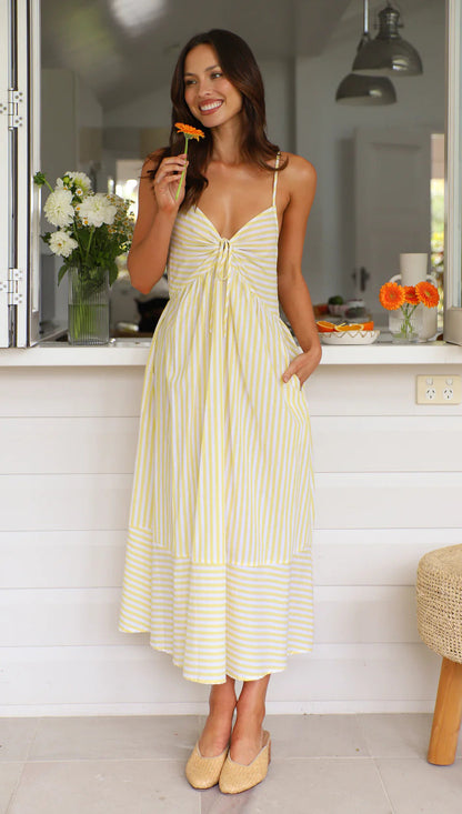 Robe midi femme – Bretelles fines – Coupe fluide – Rayée – Nœud devant – Col V