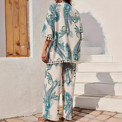 Women's Kimono Set – Relaxed Fit – Paisley Pattern – Breathable Fabric – Drawstring Waist