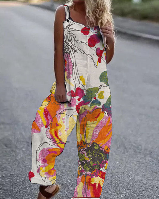 Women's jumpsuit – Loose fit – Wide legs – Floral print – Adjustable straps