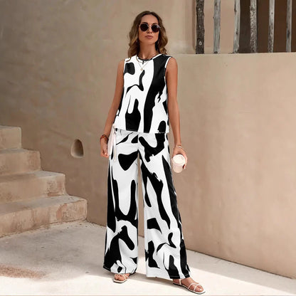 Women's 2-Piece Set – Sleeveless Top – Wide-Leg Pants – Relaxed Fit – Breathable Fabric