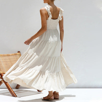 Women's long dress – Flowing cut – Ruffled straps – Breathable fabric – Ruffled skirt