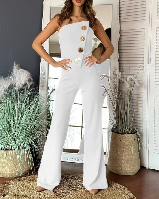 Women's jumpsuit – Asymmetric bustier top – Decorative buttons – Flared leg