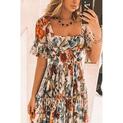 Women's long dress – Fluid cut – Smocked bustier – Ruffled sleeves – Breathable fabric