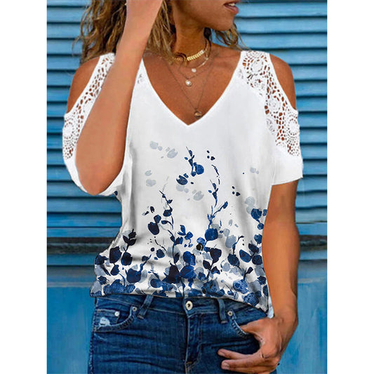 Women's off-the-shoulder blouse – Loose fit – Lace detail – Floral print – Breathable fabric