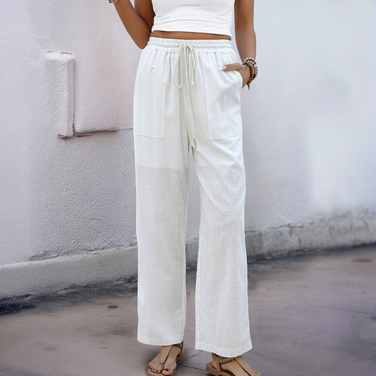 Women's pants – Loose straight cut – Elastic waistband with drawstring – Natural fibers