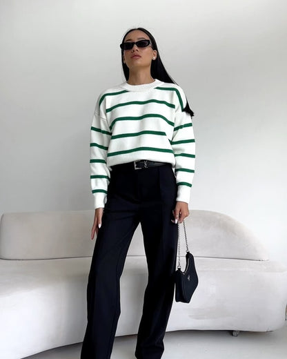 Ava Striped Sweater | Relaxed Fit Wide Round Neck Pullover