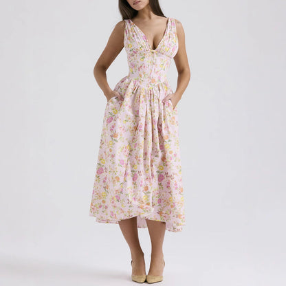 Robe femme sans manches – Décolleté en V – Coupe évasée – Imprimé fleuri – Longueur midi