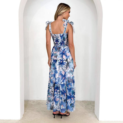 Robe longue femme – Bustier froncé – Bretelles réglables – Jupe évasée à volants – Imprimé fleuri