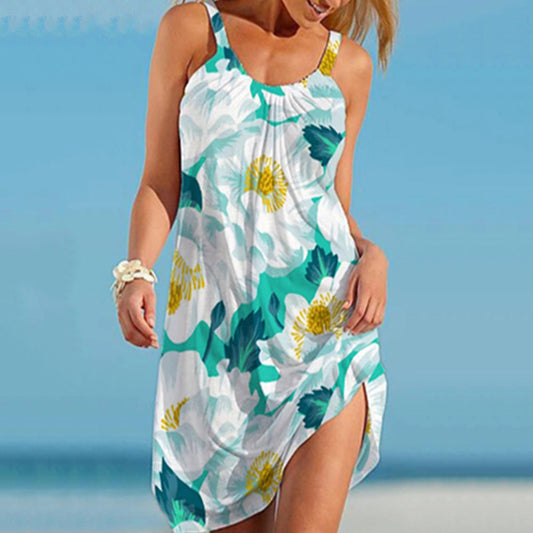 Robe femme – Imprimé fleuri – Bretelles fines – Fente latérale – Coupe fluide