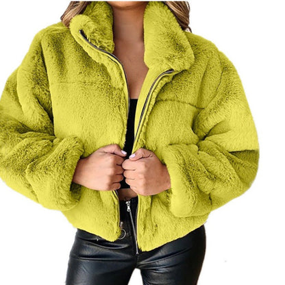Women's cardigan coat – Faux fur – Oversize cut – Zip-up stand collar