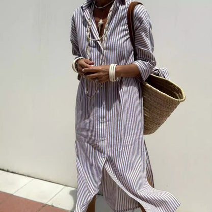 Women's Shirt Dress – Straight Cut – Buttoned – Midi Length – Breathable Fabric