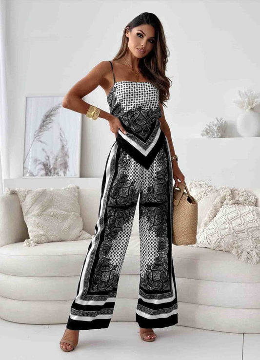 Women's Two-Piece Set – Luxury Fabric – Loose Fit – Fine Straps – Wide Pants