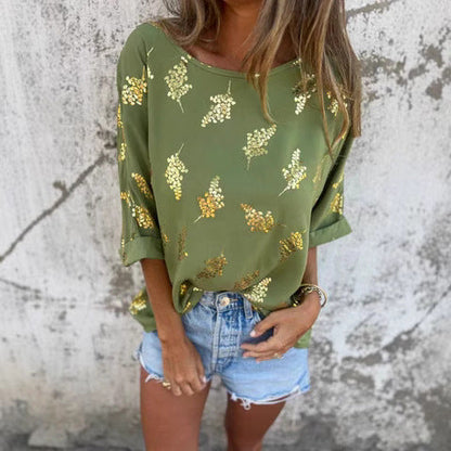 Women's blouse – Loose fit – Lightweight breathable fabric – 3/4 sleeves – Boat neck – Sequins