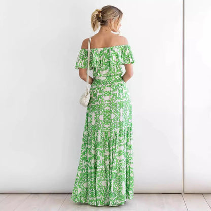 Women's long dress – Off-the-shoulder – Fluid fabric – Ruffled skirt – Adjustable belt