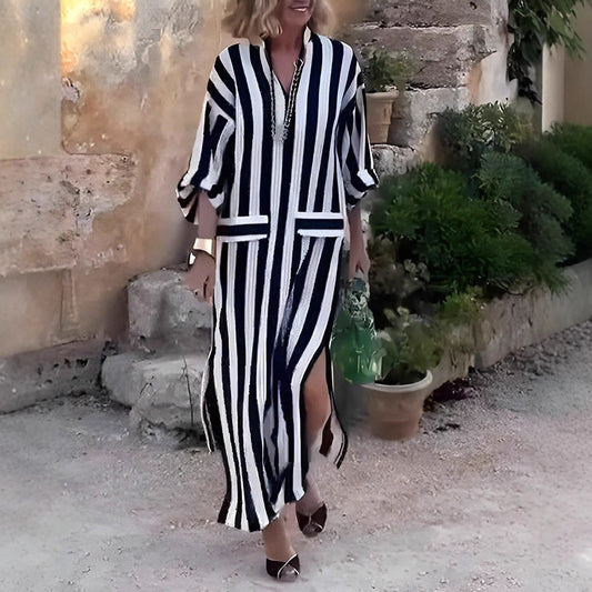 Women's long dress – Flowing cut – Vertical stripes – Breathable fabric – V-neck