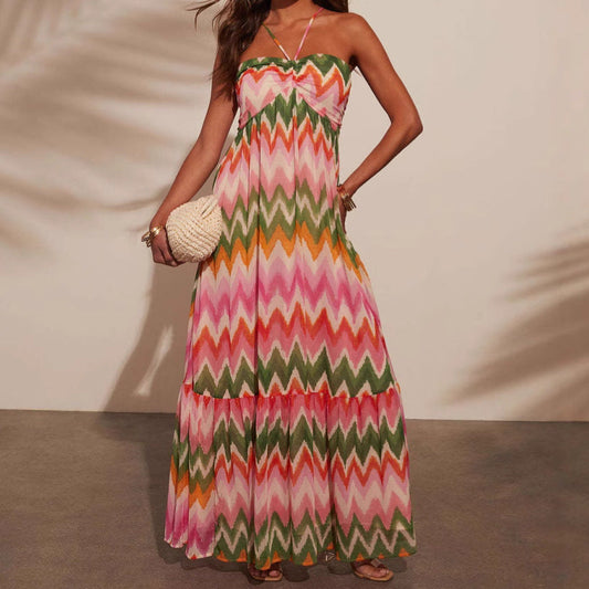 Robe longue femme – Coupe fluide – Col halter – Jupe évasée à volants – Tissu respirant